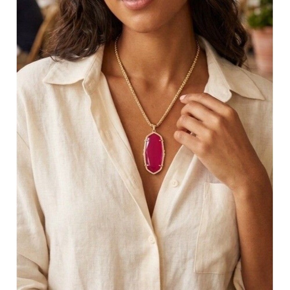 Kendra Scott  Hot Pink Agate Frances Long Pendant Necklace gold tone